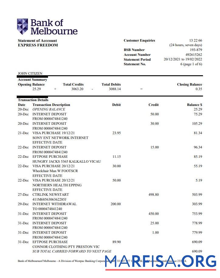 Downloadable Australia Bank of Melbourne bank account statement download for verification
